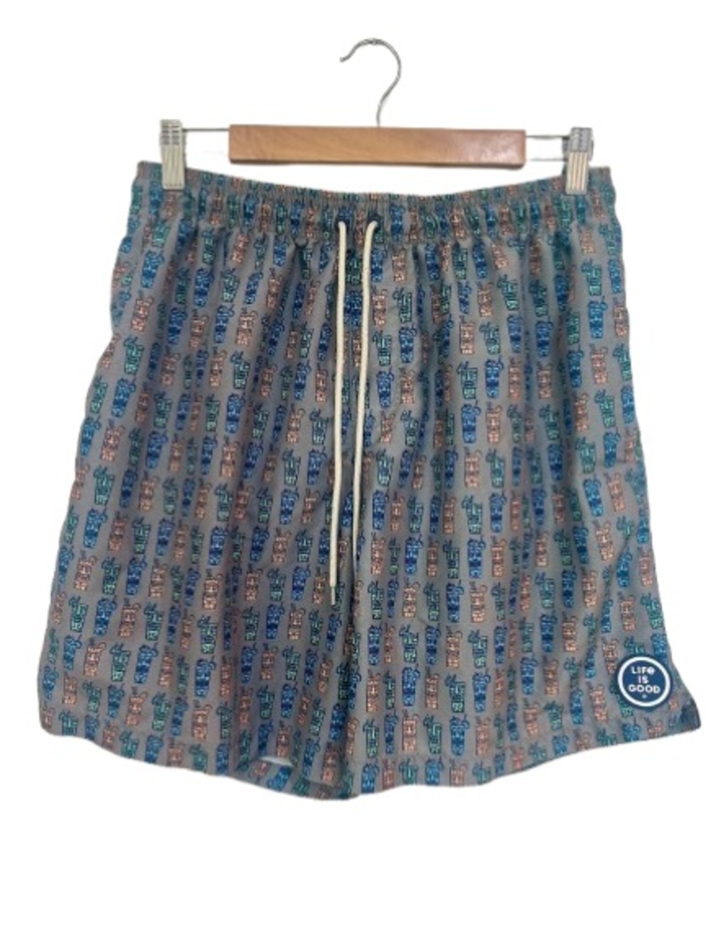 Life is Good Men's Tiki Drink Swim Trunks Sz L Blue Gray Mesh Lined Board Shorts